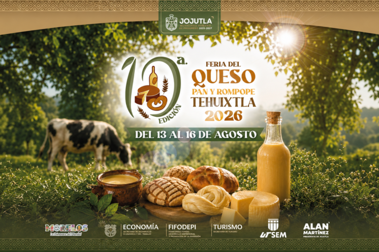 ALT: Cartel oficial de la décima Feria del Queso, Pan y Rompope Tehuixtla 2026 con fechas y actividades culturales.