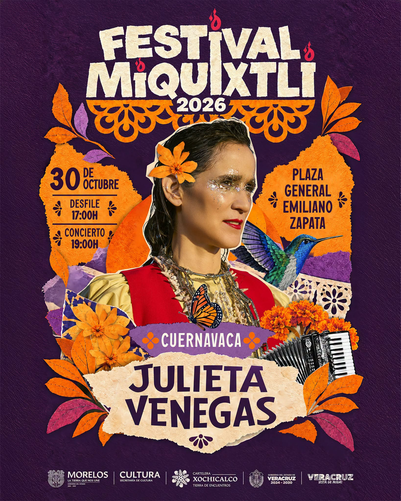 Julieta Venegas dará concierto en Cuernavaca durante el Festival Miquixtli 2026 26 Julieta Venegas se presentará gratuitamente en Cuernavaca el 30 de octubre como parte del Festival Miquixtli 2026, que tendrá actividades en cuatro municipios de Morelos.